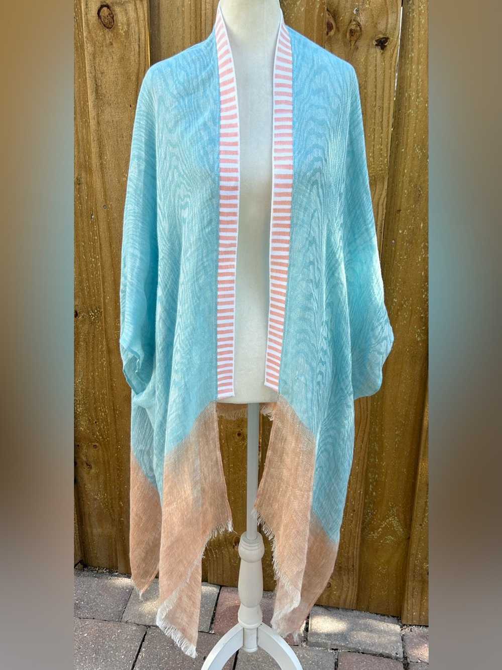 Zonda Nellis Art-to-wear Handmade Aqua White Peach Kimono One Size